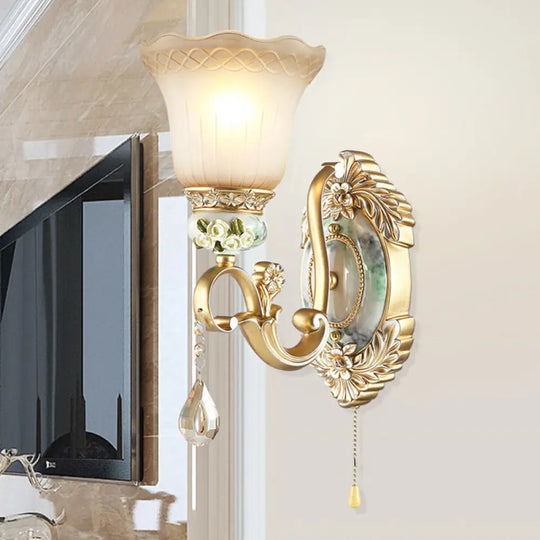 Traditional Gold Wall Sconce With Opal Glass Shade & Carved Rose Detail 1 /