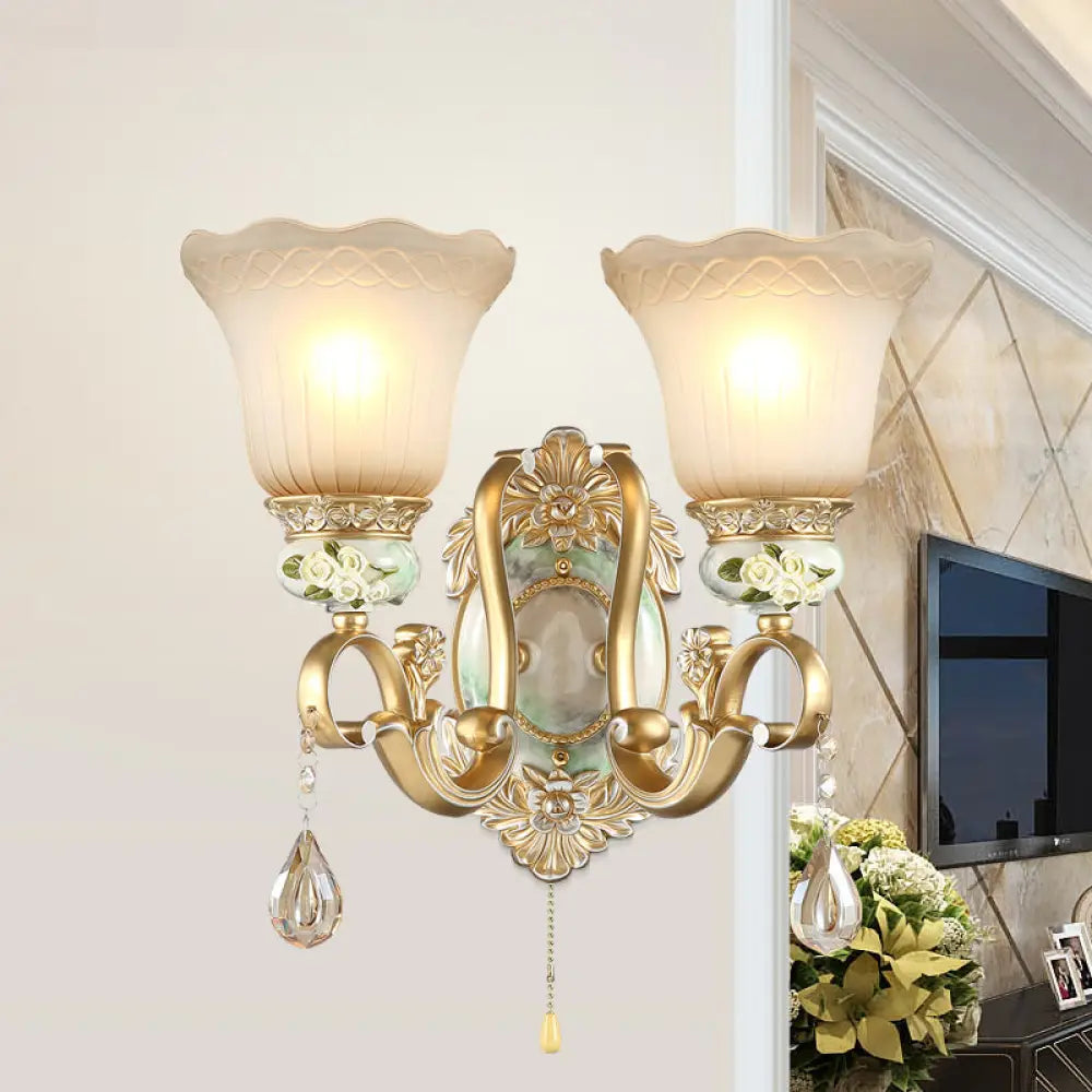 Traditional Gold Wall Sconce With Opal Glass Shade & Carved Rose Detail 2 /