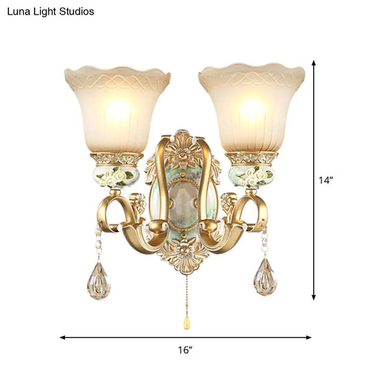 Traditional Gold Wall Sconce With Opal Glass Shade & Carved Rose Detail