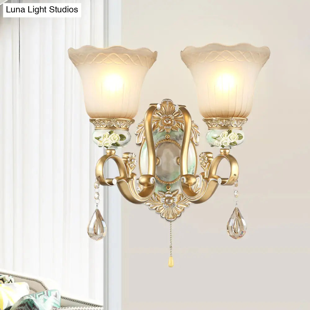 Traditional Gold Wall Sconce With Opal Glass Shade & Carved Rose Detail