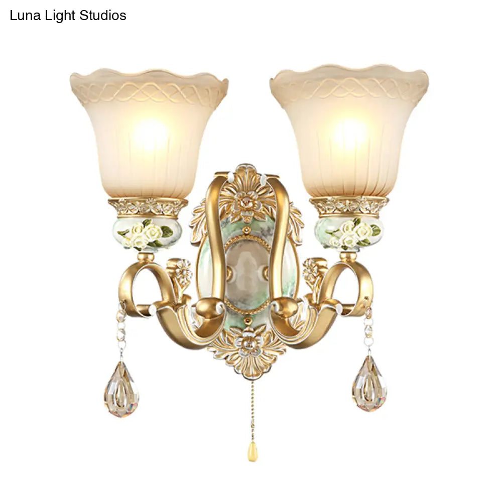 Traditional Gold Wall Sconce With Opal Glass Shade & Carved Rose Detail