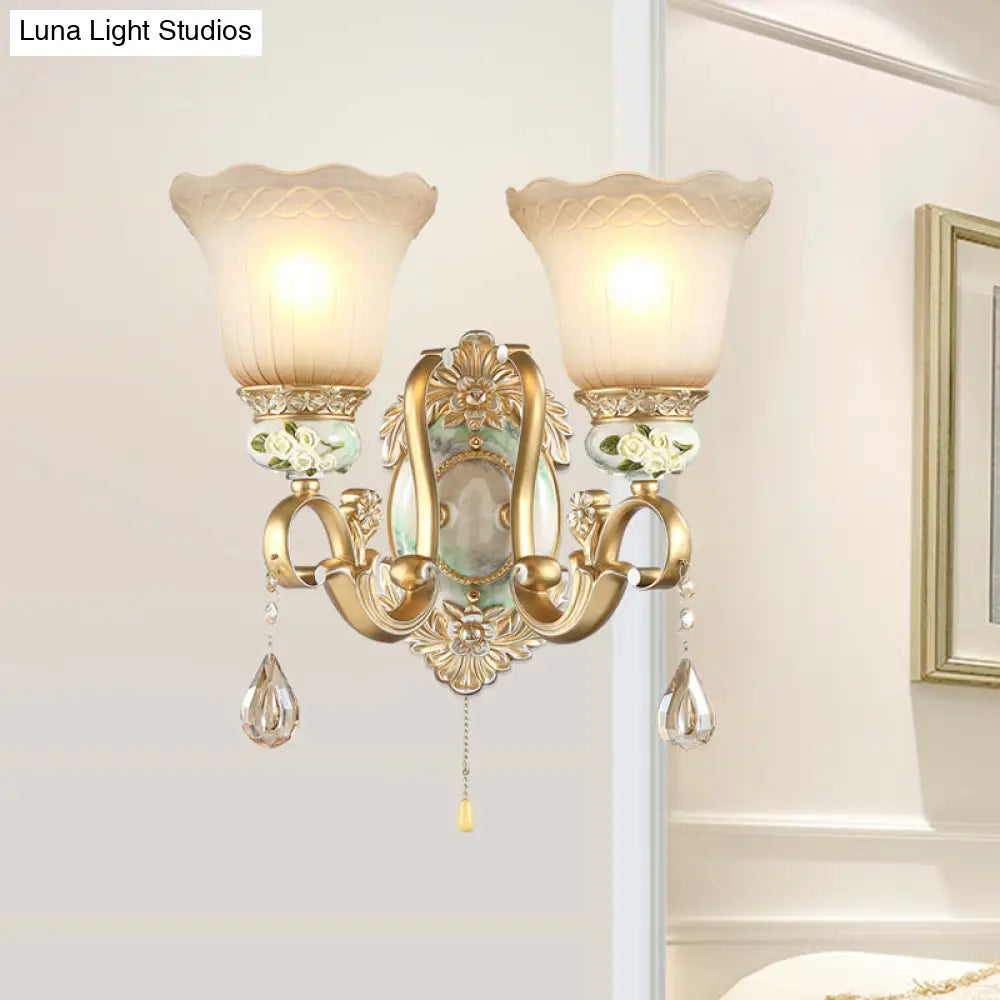 Traditional Gold Wall Sconce With Opal Glass Shade & Carved Rose Detail