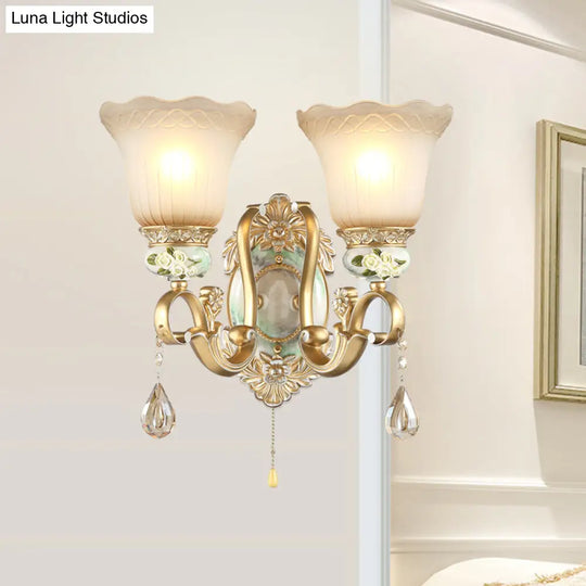 Traditional Gold Wall Sconce With Opal Glass Shade & Carved Rose Detail