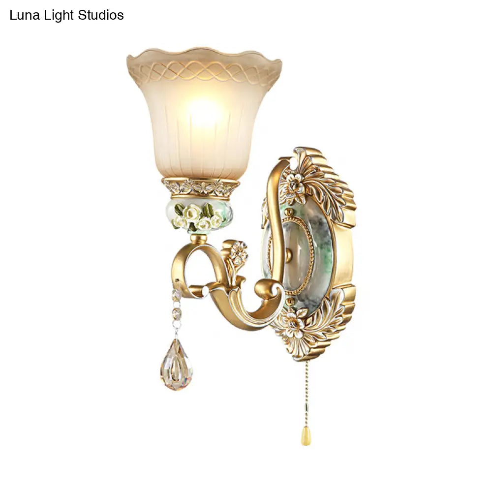 Traditional Gold Wall Sconce With Opal Glass Shade & Carved Rose Detail