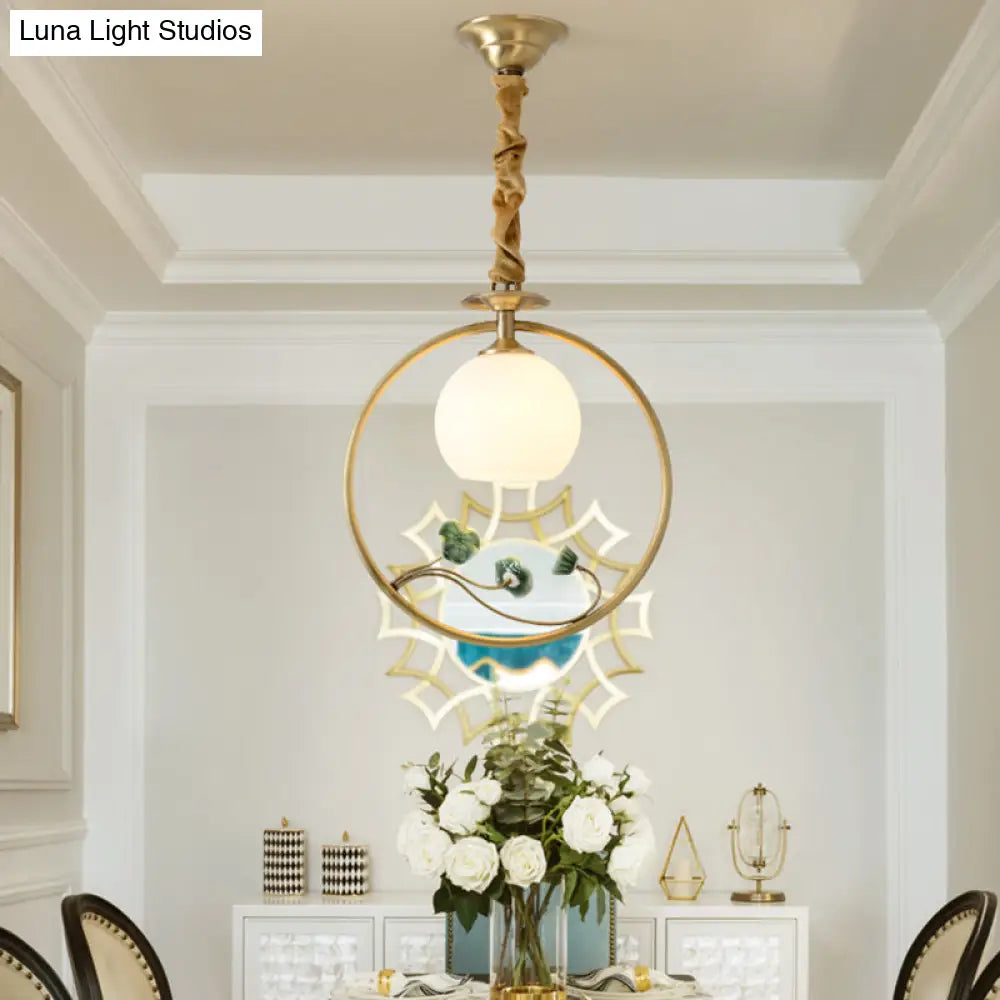 Traditional Gold & White Glass Pendulum Light With Globe Head Lotus Decor And Suspension Ring