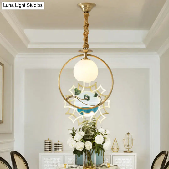 Traditional Gold & White Glass Pendulum Light With Globe Head Lotus Decor And Suspension Ring