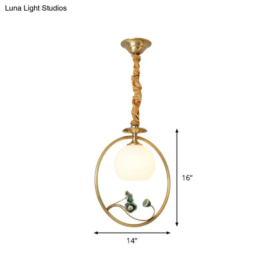 Traditional Gold & White Glass Pendulum Light With Globe Head Lotus Decor And Suspension Ring