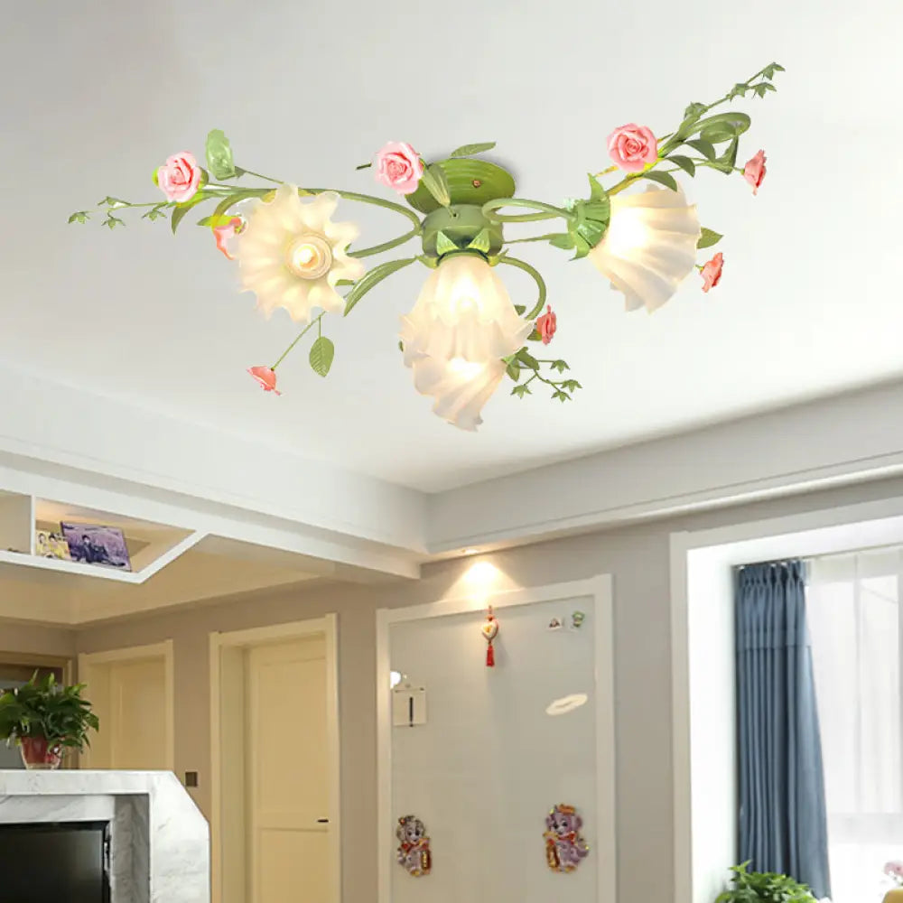 Traditional Green Flower Ceiling Light - Semi Flush Chandelier With Opal Glass & 4 Bulbs