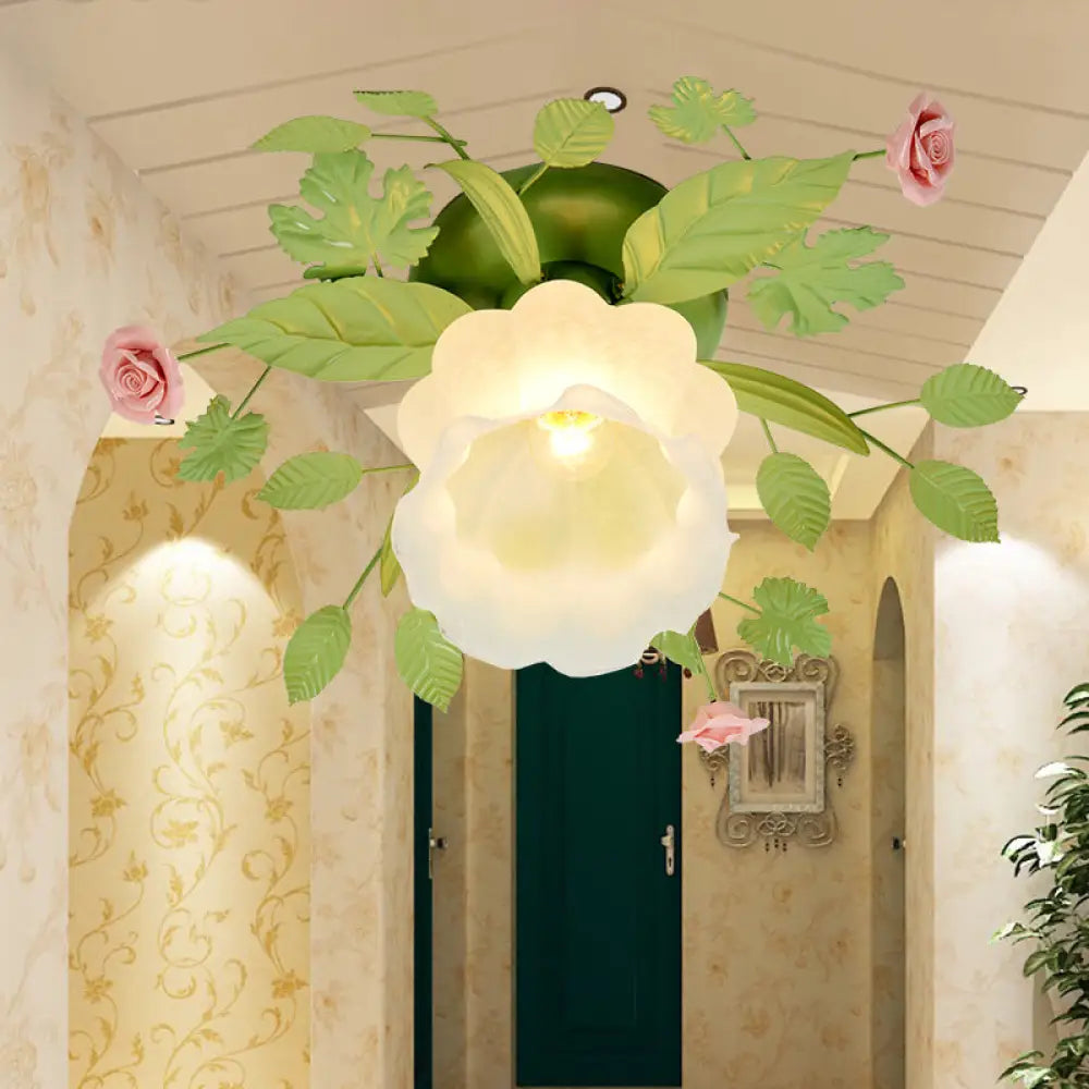 Traditional Green Frosted Glass Flower Semi-Flush Mount Ceiling Light Fixture