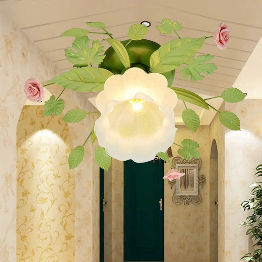 Traditional Green Frosted Glass Flower Semi-Flush Mount Ceiling Light Fixture