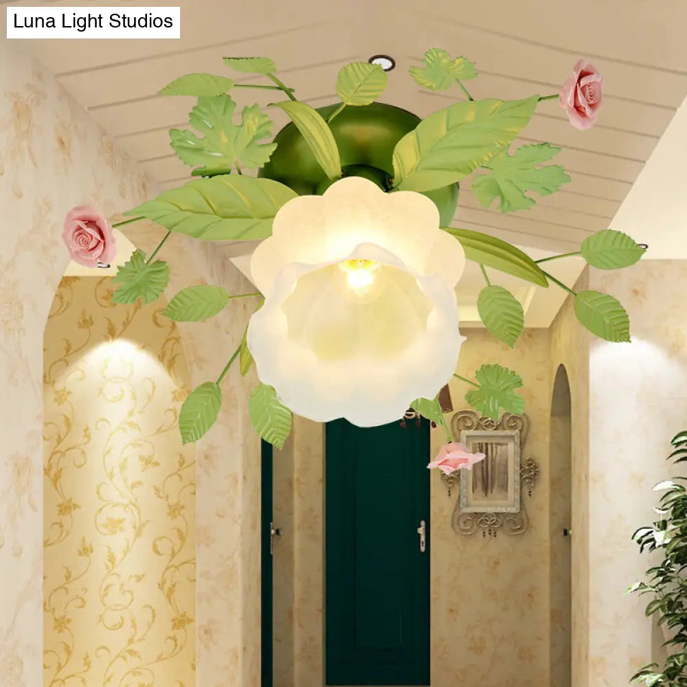 Traditional Green Frosted Glass Flower Semi-Flush Mount Ceiling Light Fixture