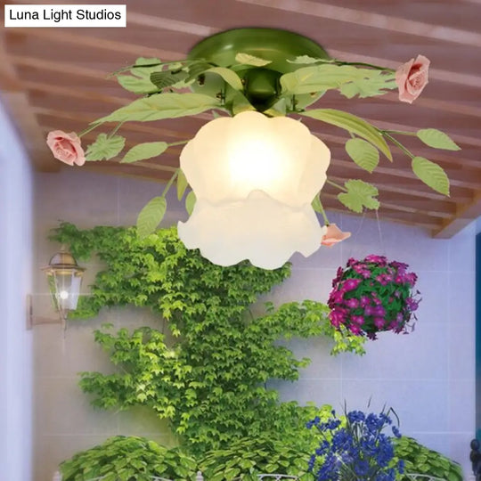 Traditional Green Frosted Glass Flower Semi-Flush Mount Ceiling Light Fixture