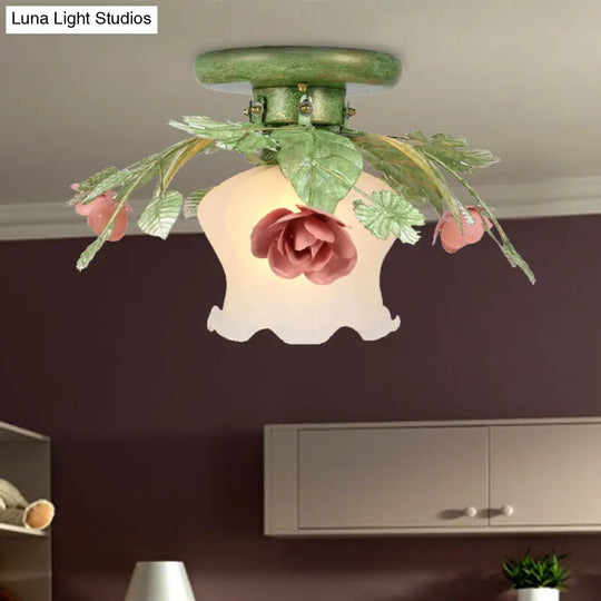 Traditional Green Frosted Glass Flower Semi-Flush Mount Ceiling Light Fixture