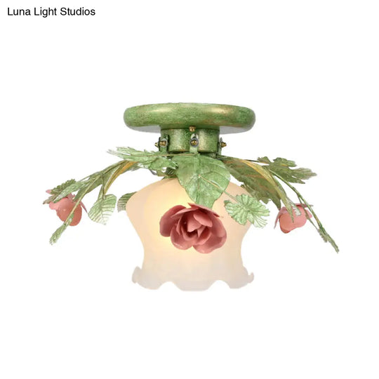 Traditional Green Frosted Glass Flower Semi-Flush Mount Ceiling Light Fixture