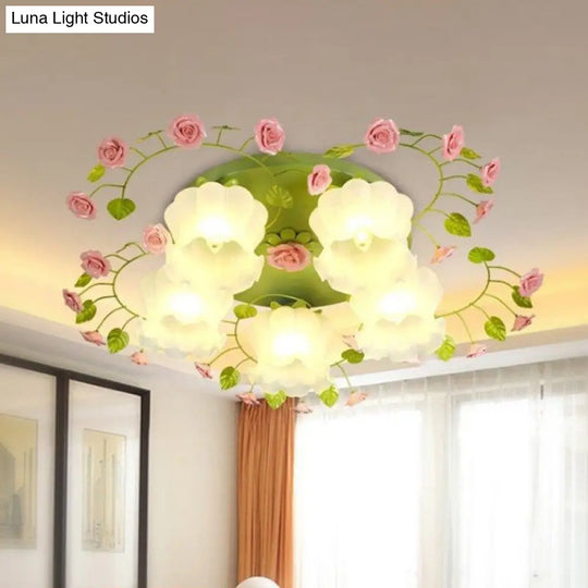 Traditional Green Glass Rose Ceiling Lighting: 5-Head Bedroom Flush Mount Fixture