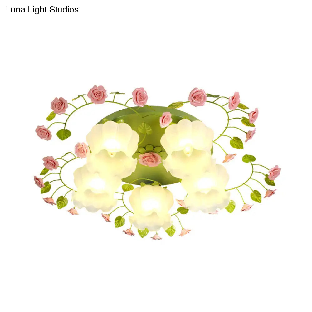 Traditional Green Glass Rose Ceiling Lighting: 5-Head Bedroom Flush Mount Fixture