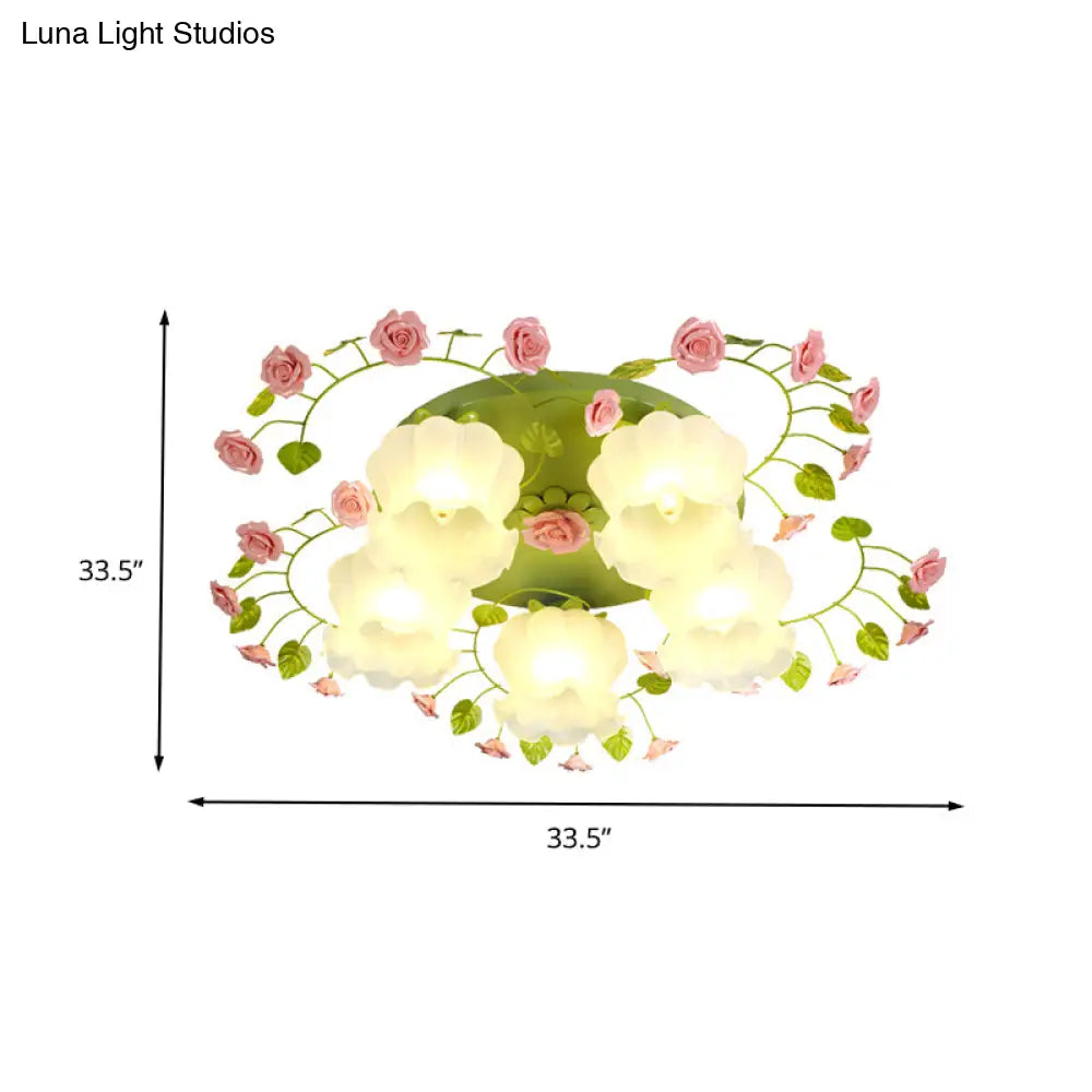 Traditional Green Glass Rose Ceiling Lighting: 5 - Head Bedroom Flush Mount Fixture