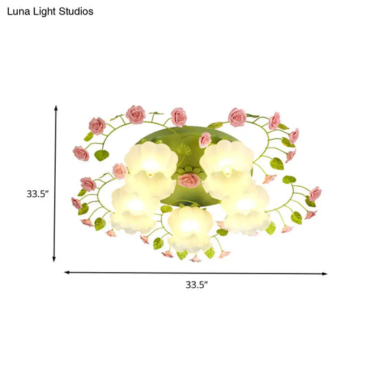 Traditional Green Glass Rose Ceiling Lighting: 5 - Head Bedroom Flush Mount Fixture