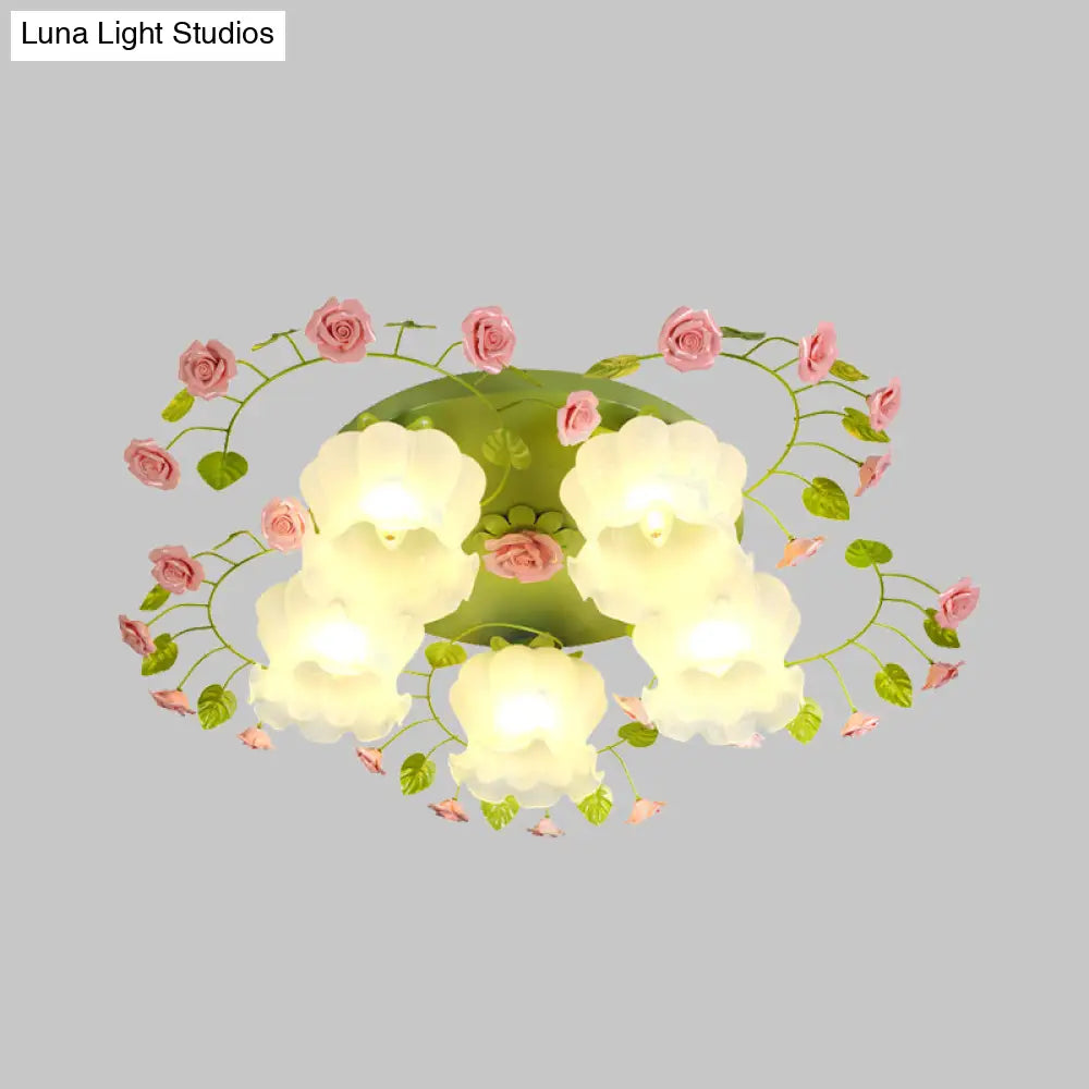 Traditional Green Glass Rose Ceiling Lighting: 5 - Head Bedroom Flush Mount Fixture