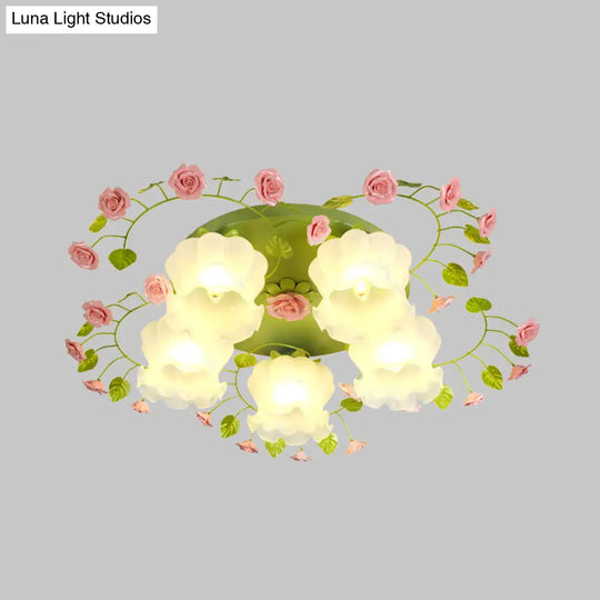 Traditional Green Glass Rose Ceiling Lighting: 5 - Head Bedroom Flush Mount Fixture