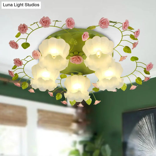 Traditional Green Glass Rose Ceiling Lighting: 5 - Head Bedroom Flush Mount Fixture