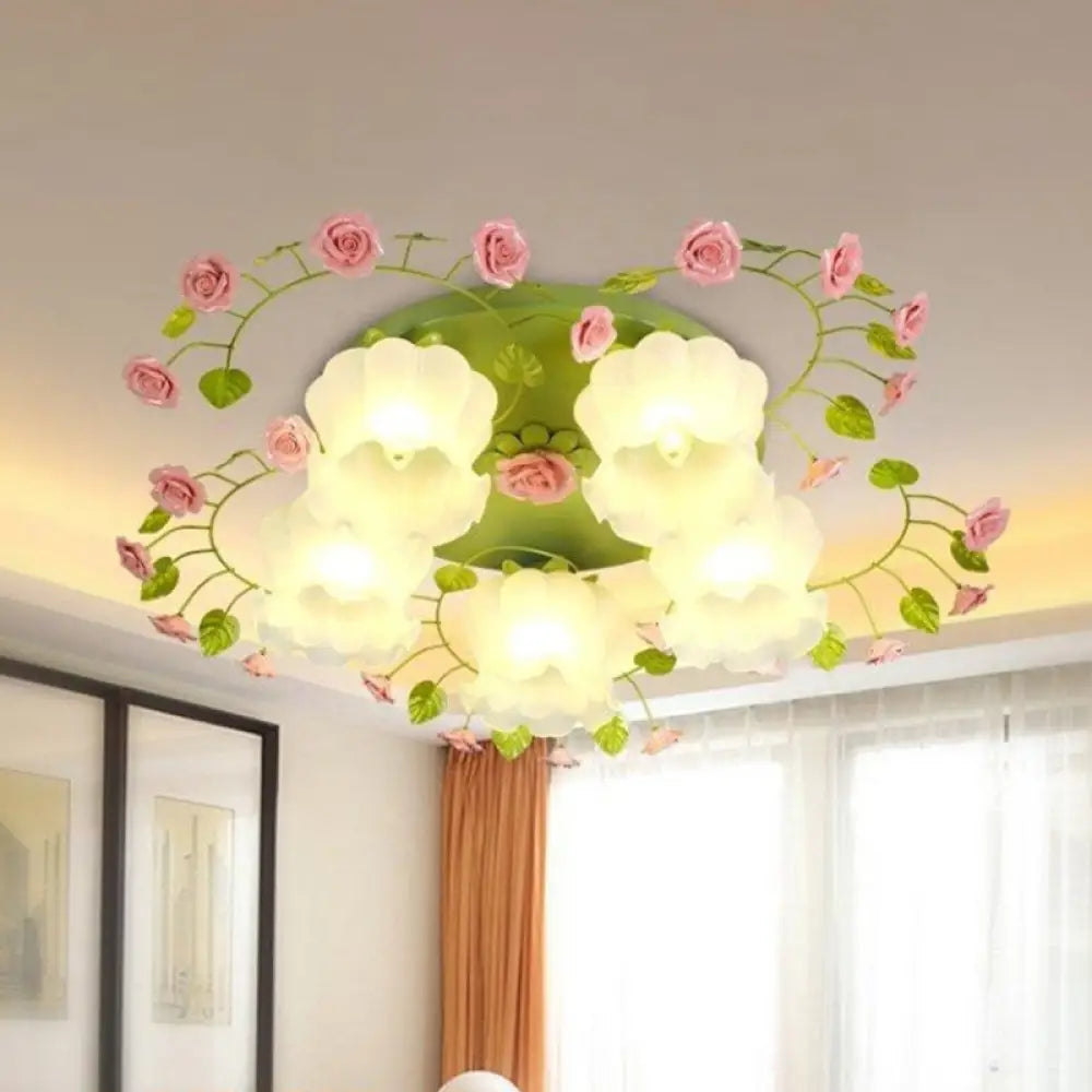 Traditional Green Glass Rose Ceiling Lighting: 5 - Head Bedroom Flush Mount Fixture