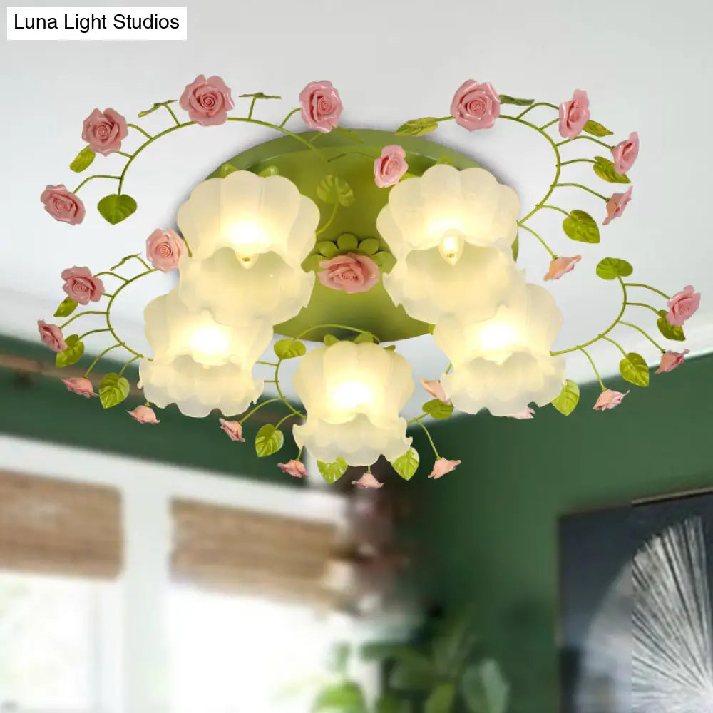 Traditional Green Glass Rose Ceiling Lighting: 5-Head Bedroom Flush Mount Fixture
