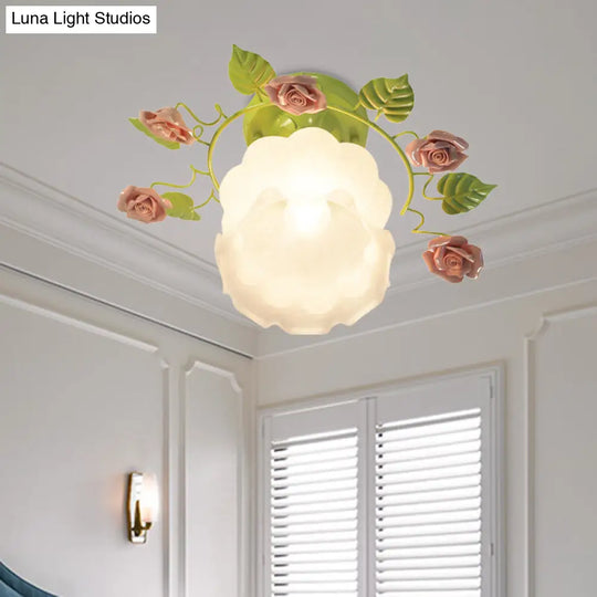 Traditional Green Rose Ceiling Light For Living Room - Sandblasted Glass Semi Flush Fixture