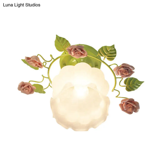 Traditional Green Rose Ceiling Light For Living Room - Sandblasted Glass Semi Flush Fixture