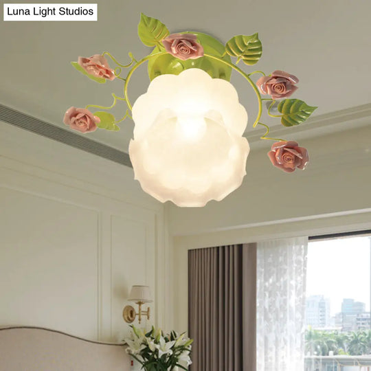 Traditional Green Rose Ceiling Light For Living Room - Sandblasted Glass Semi Flush Fixture