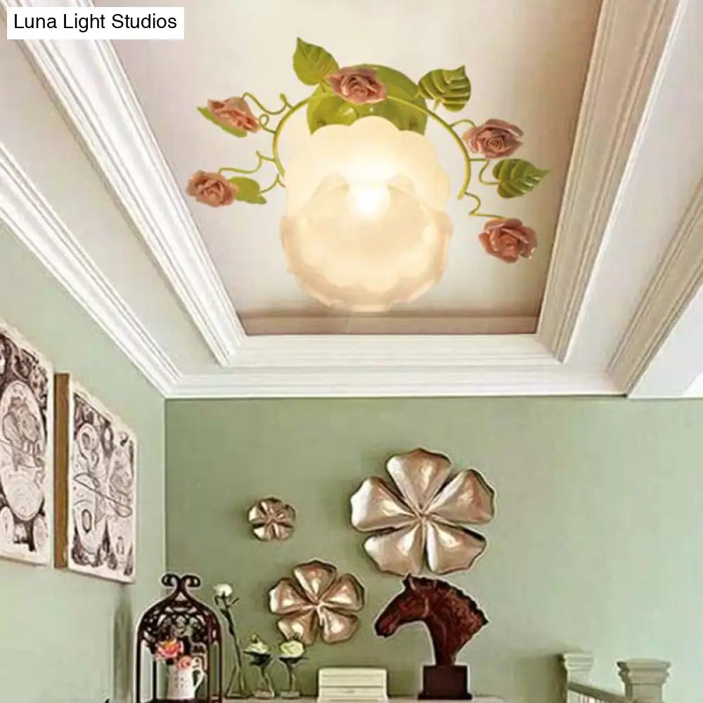 Traditional Green Rose Ceiling Light For Living Room - Sandblasted Glass Semi Flush Fixture