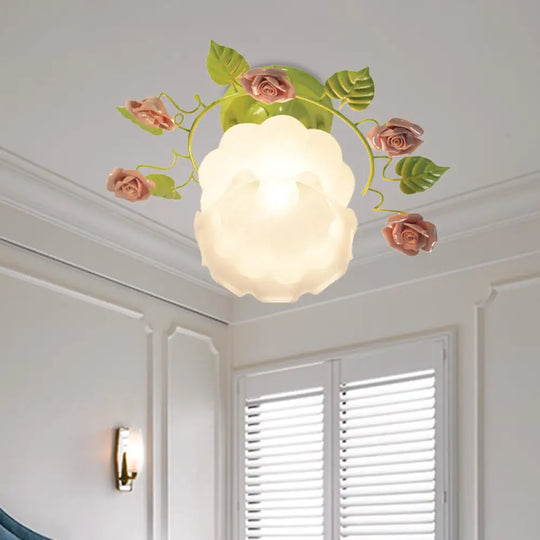 Traditional Green Rose Ceiling Light For Living Room - Sandblasted Glass Semi Flush Fixture