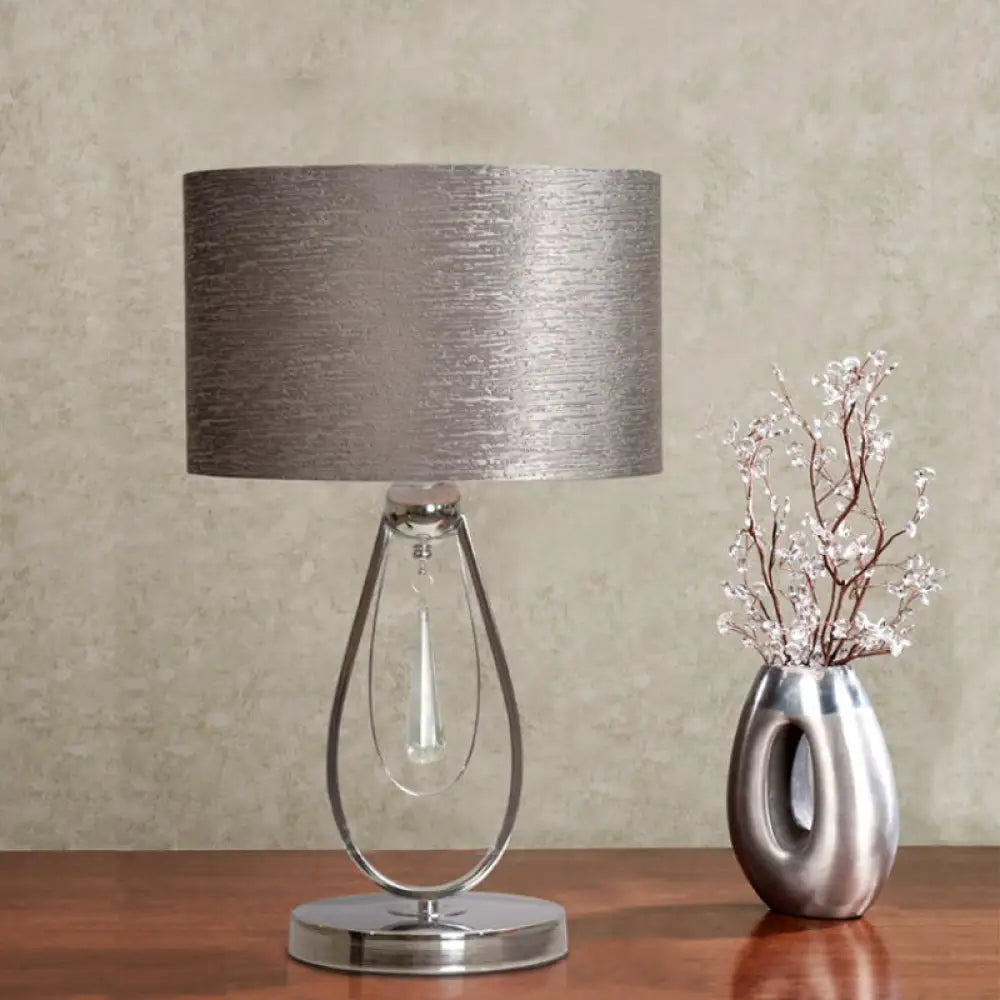 Traditional Grey Fabric Drum Desk Lamp With Metal Base - Ideal For Bedroom Reading