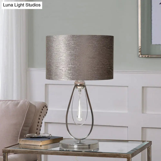 Traditional Grey Fabric Drum Desk Lamp With Metal Base - Ideal For Bedroom Reading