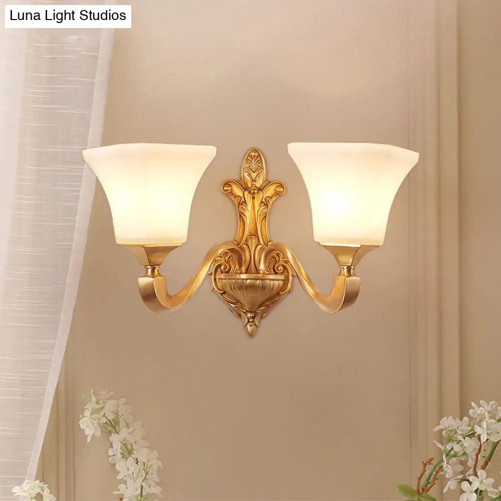 Traditional Half-Bulb Brass Wall Sconce With Bell Shade & Frosted Glass