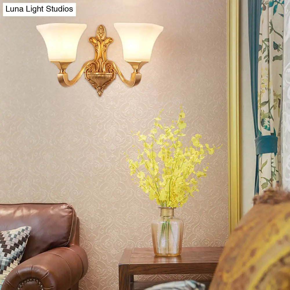 Traditional Half-Bulb Brass Wall Sconce With Bell Shade & Frosted Glass