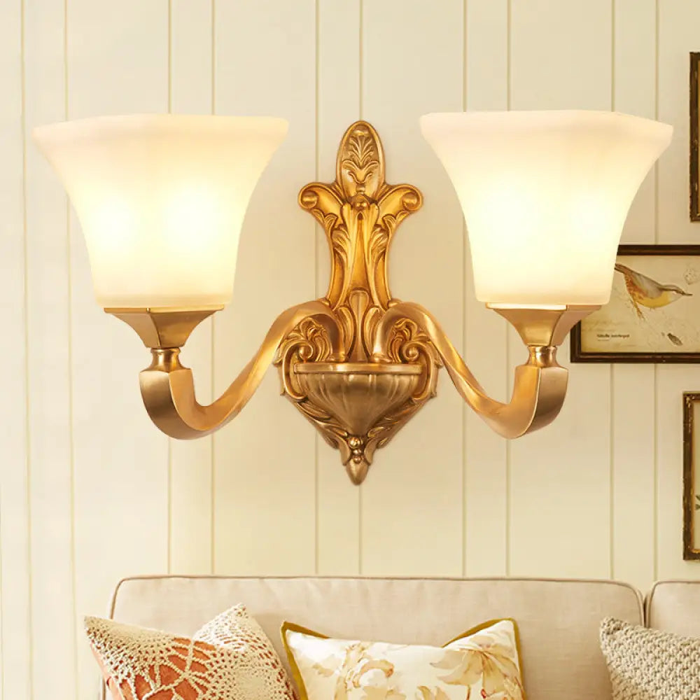 Traditional Half-Bulb Brass Wall Sconce With Bell Shade & Frosted Glass 2 /