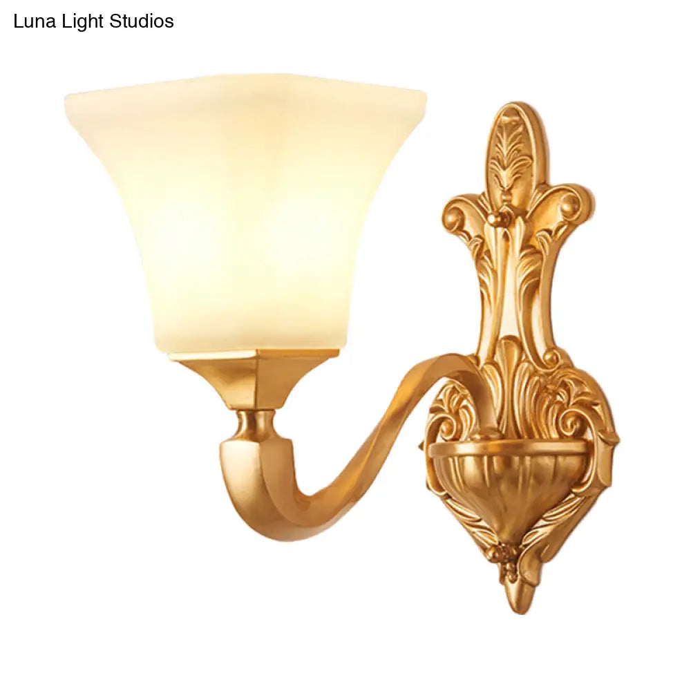 Traditional Half-Bulb Brass Wall Sconce With Bell Shade & Frosted Glass