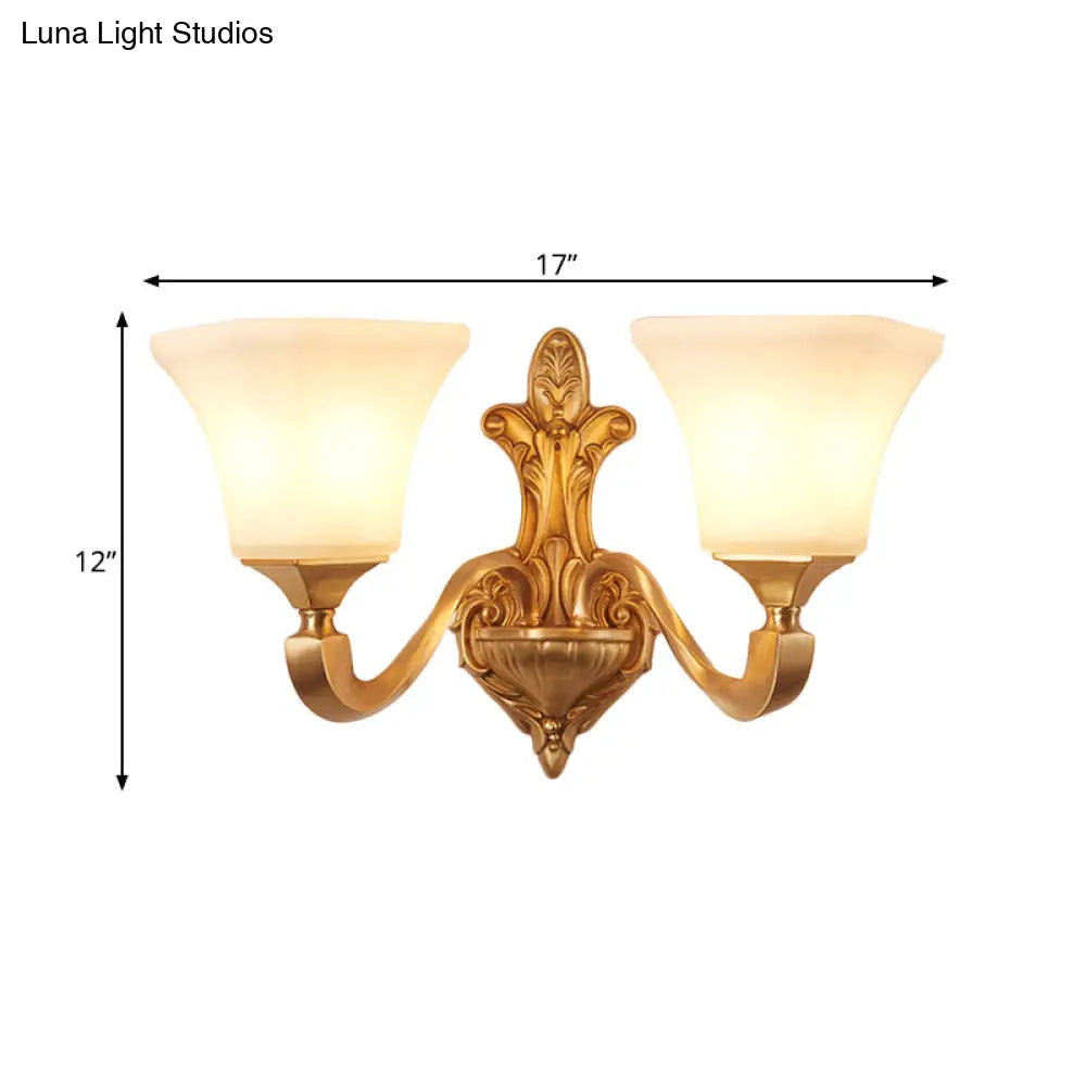 Traditional Half-Bulb Brass Wall Sconce With Bell Shade & Frosted Glass