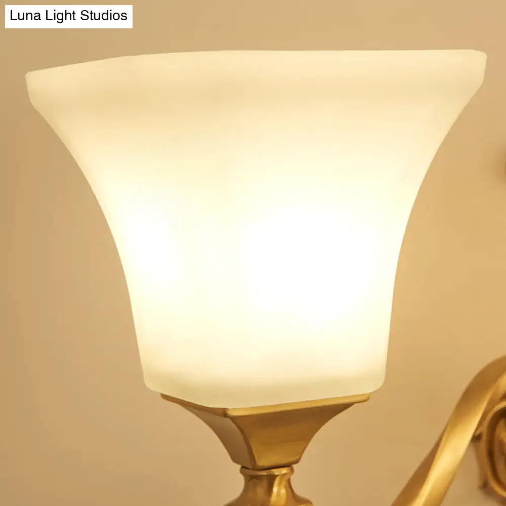 Traditional Half-Bulb Brass Wall Sconce With Bell Shade & Frosted Glass