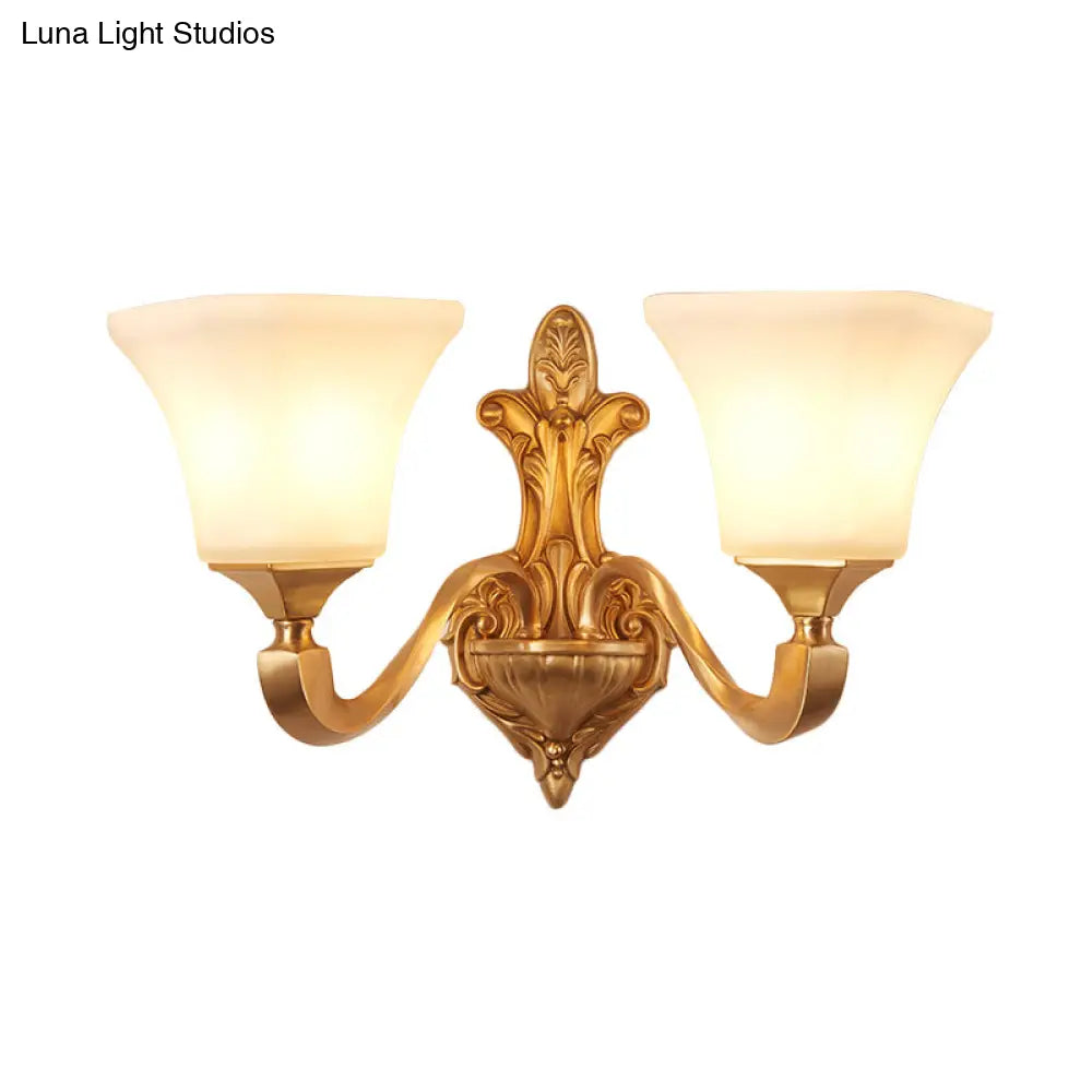 Traditional Half-Bulb Brass Wall Sconce With Bell Shade & Frosted Glass