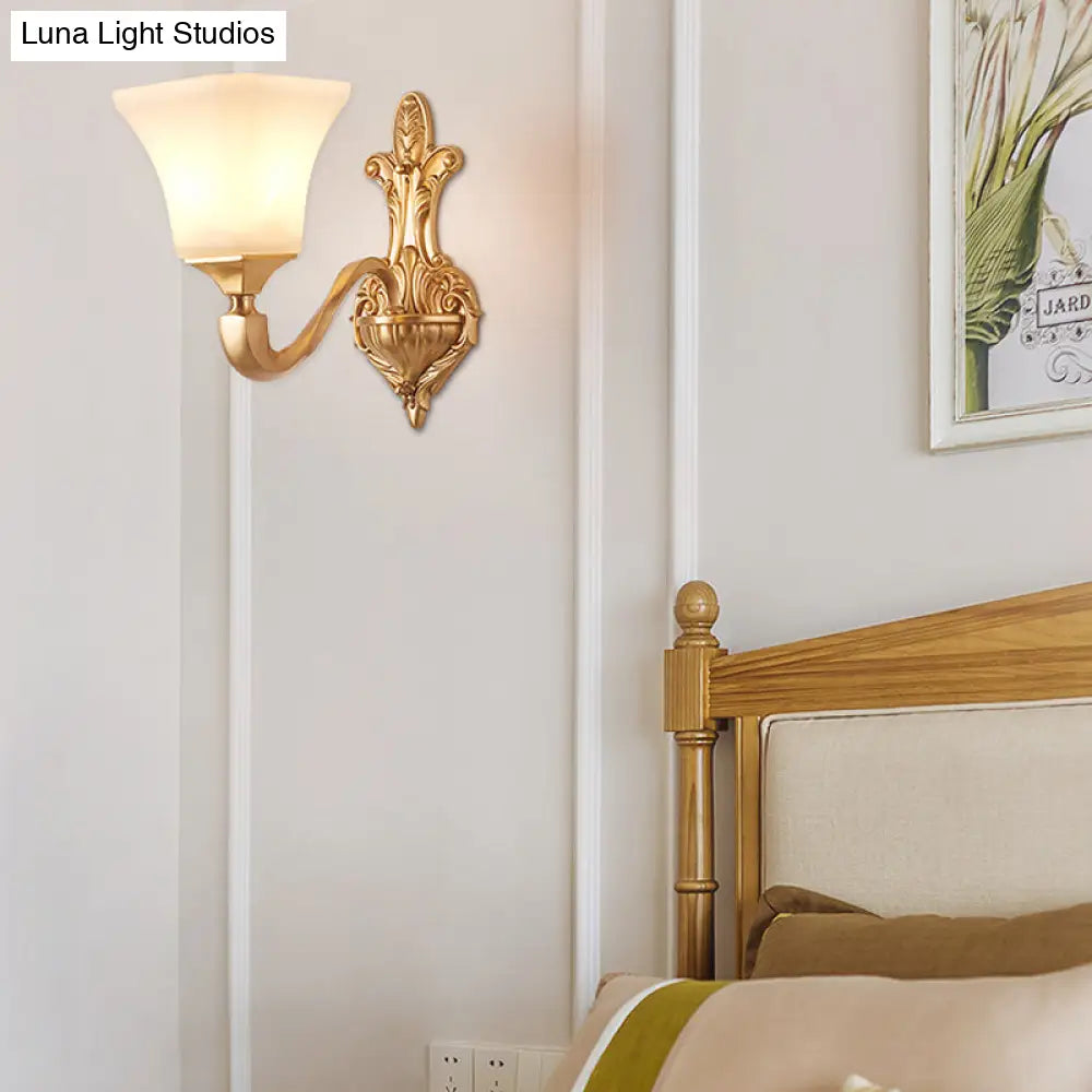 Traditional Half-Bulb Brass Wall Sconce With Bell Shade & Frosted Glass