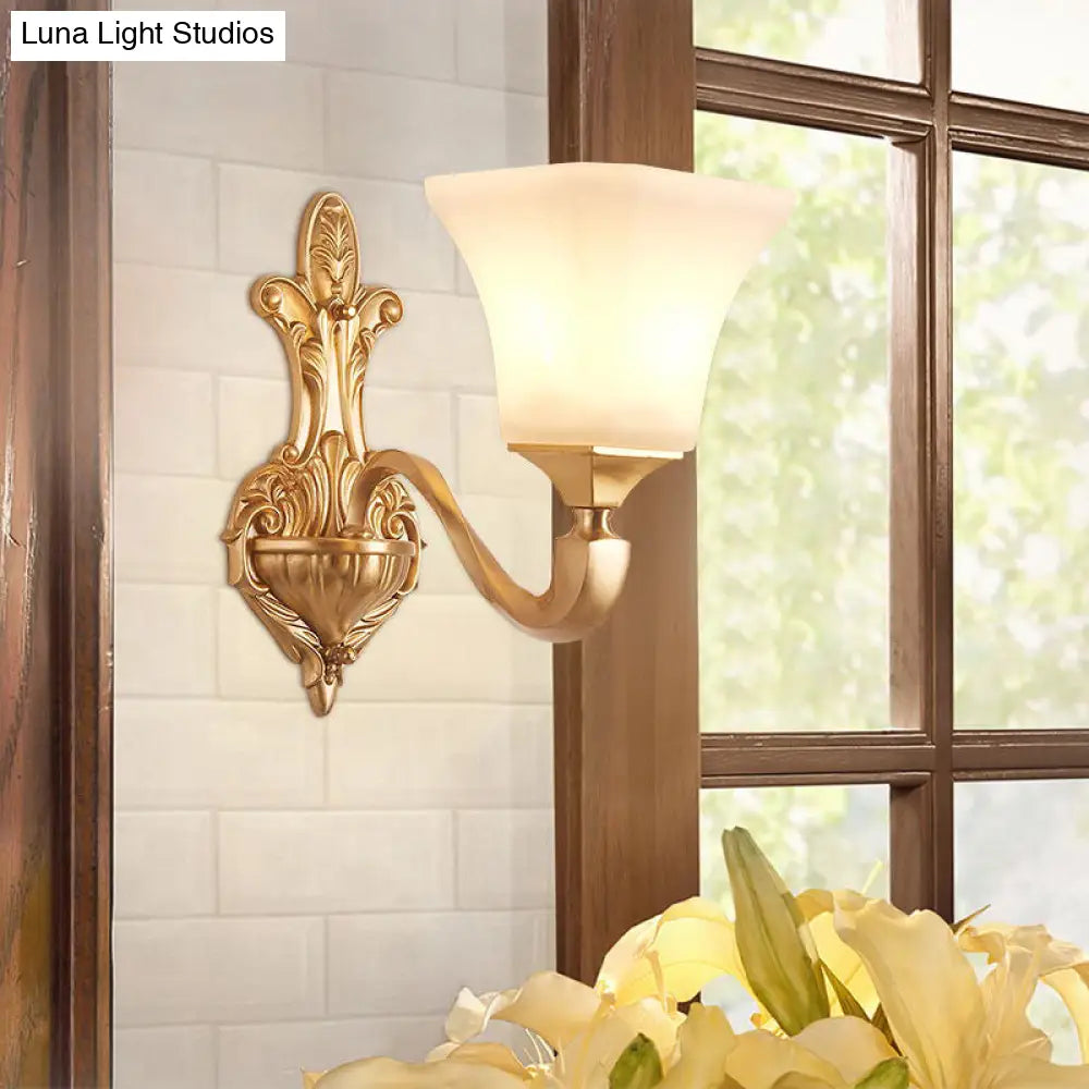 Traditional Half-Bulb Brass Wall Sconce With Bell Shade & Frosted Glass