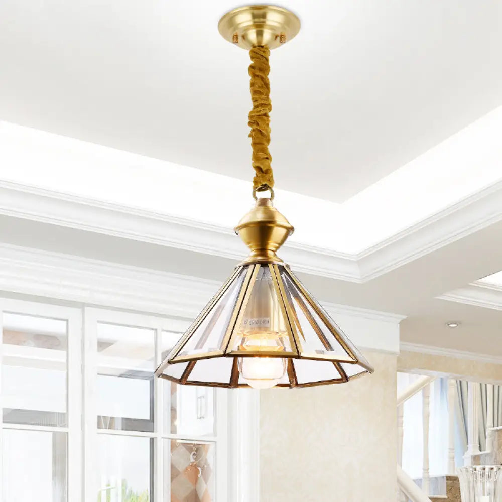 Traditional Hanging Ceiling Light With Clear Glass Shade - Cone Pendant Lamp For Living Room Brass