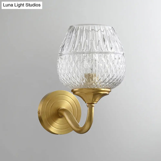 Traditional Indoor Brass Wall Sconce With Clear Latticed Glass Shade