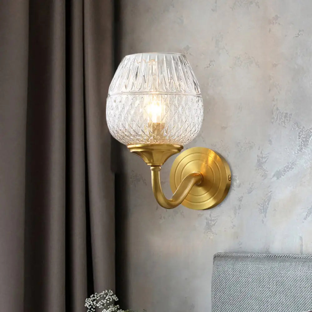 Traditional Indoor Brass Wall Sconce With Clear Latticed Glass Shade