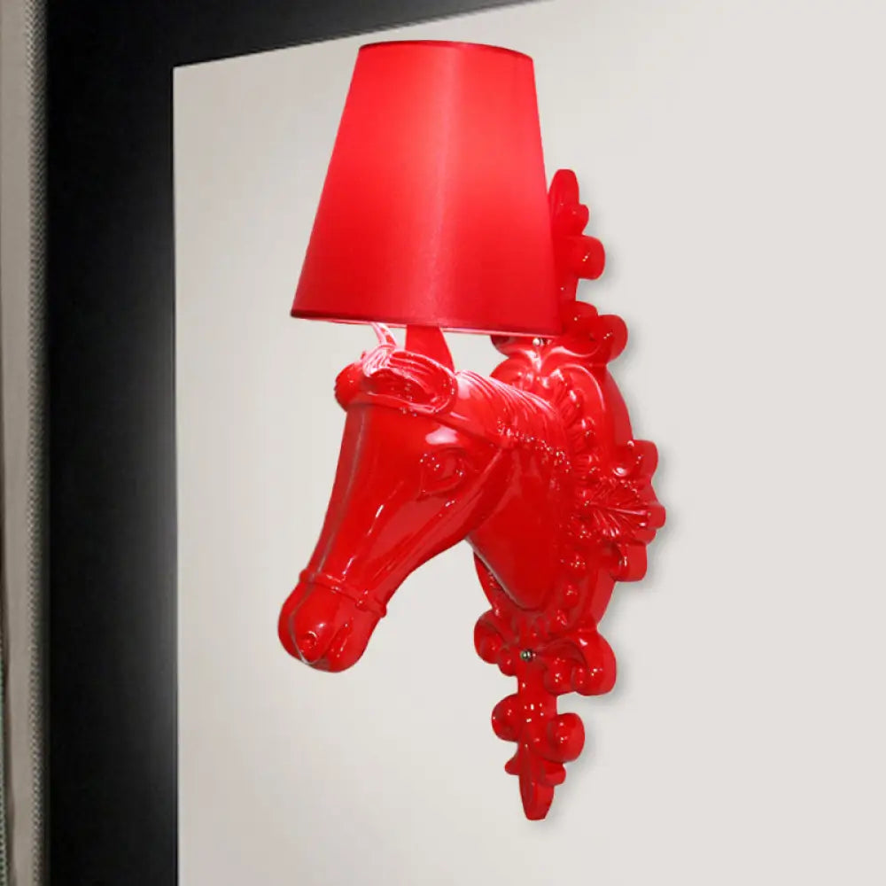 Traditional Indoor Horse Head Sconce Lamp - Fabric Red/Yellow/Orange 1-Light Wall Mounted Lighting