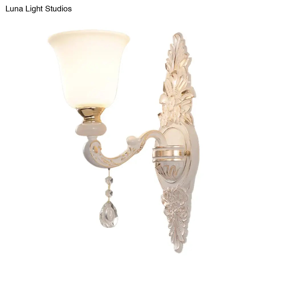 Traditional Indoor Wall Lamp Fixture With Up Bell Shade White Glass - 1 Bulb Lighting