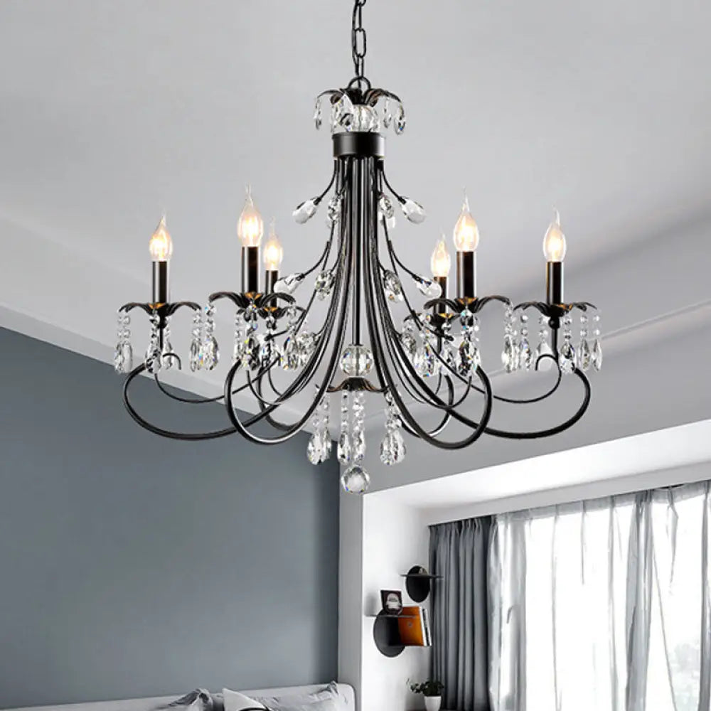 Traditional Iron Tiered Candle Chandelier Pendant With Crystal Drops - 6/8/12 Lights Black Hanging