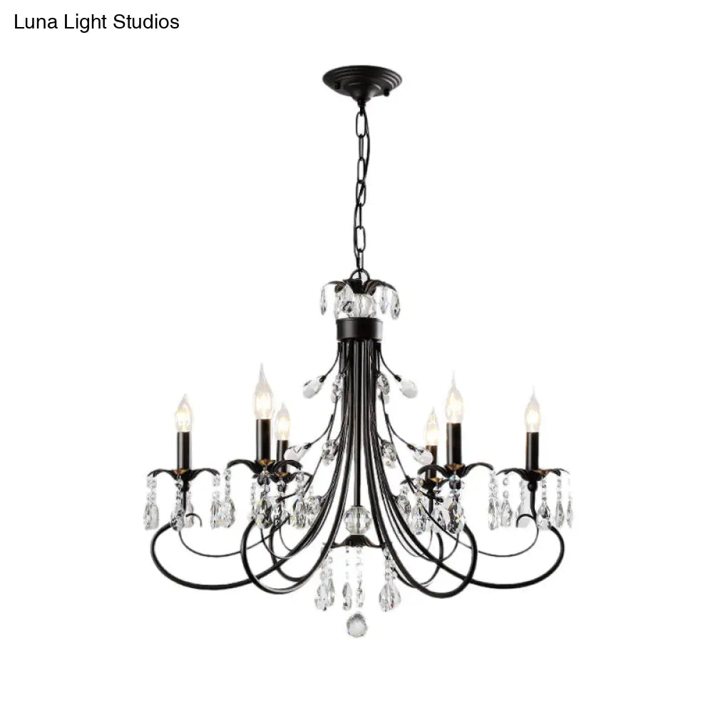 Traditional Iron Candle Chandelier Pendant - 6/8/12 Light Black Hanging With Crystal Drops